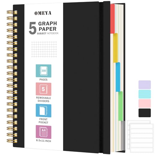 Graph Paper Notebook 8.5" X 11": 5 Subject Graphing Notebook with Dividers - color: Black