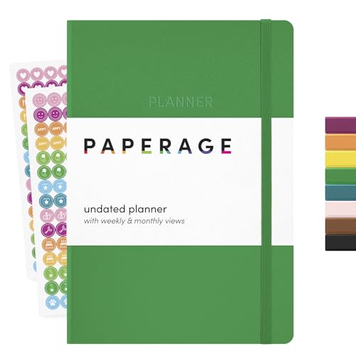 PAPERAGE Undated Weekly & Monthly Hardcover Planner (Green), 5.6 in x 8 in, Includes Lined Note Pages & 2 Sticker Sheets - color: Green, style: Casebound