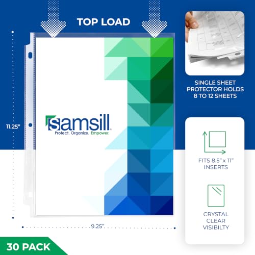 Samsill 30 Pack Heavy Duty Sheet Protectors, Crystal Clear, 8.5x11 Inch Page Protectors for 3 Ring Binder, Letter Size Protectors with Reinforced Holes, Clear Document Sleeve, Top Loading, Acid Free - size: 30 Pack, style: Crystal Clear