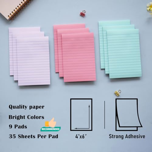 9 Pack Lined Sticky Notes with Lines 4X6 in, Orchid Frost, Pink,Blue Colors - color: Light Purple, Light Blue, Light Pink
