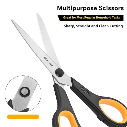 iBayam 8.5" Heavy Duty Black Scissors for Office School Classroom Home Use | Precision 2.5mm Thickness Ultra Sharp Blade| Comfort Grip Right/Left Handles| Multipurpose | Cutting Paper Fabric Packaging - color: Yellow, Grey, Blue, size: 3-Pack