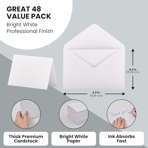 Paper Junkie 48 Pack Blank Cards and Envelopes - Folded and Printable 4x6 Cardstock Paper - Bright White, Thick Premium Invitation Paper Stock for Greetings, Wedding, Party, Business or Personal Notes - color: White, size: 4x6"