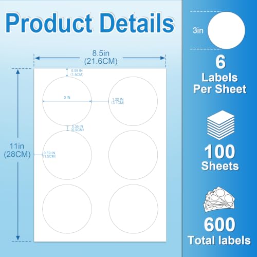 3 Inch Circle Sticker Labels, Round Printable Sticker for Laser Inkjet Printer, Shipping Tag, Warehouse Organizer, Promotional & Big Item Labels, (6 Labels/Sheet), 100 Sheets - size: 3 IN-100 Sheets(HB-C006)