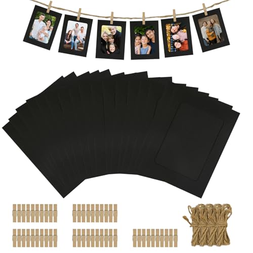 50Pcs 4x6 Paper Picture Frames, Hanging Photo Pictures with String Clips - color: Black