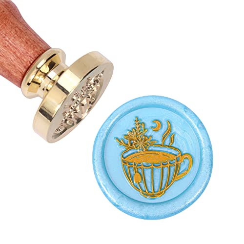Yoption Moon and Flower Tea Cup Wax Seal Stamp, Vintage Sealing Wax Stamp Brass Head and Wooden Hilt for Wedding Christmas Party Invitations Envelopes Gift Wrap - color: Moon and Flower Tea Cup