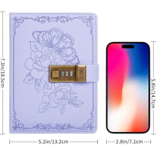 Billtigif Diary with Lock, PU Leather Journal for Gifts, 224 Pages, B6 | Lock Diary for Women Girls, Personal Organizers with Lockable Password, Pen Holder&Bookmark, Refillable - color: Light Purple