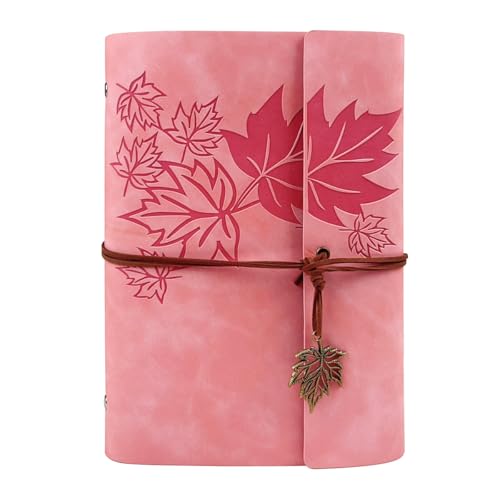 Journal Notebook for Women Men, Pink Leather Sketchbook Classic Spiral Bound Notebook with Unlined Kraft Paper Refillable Diary Travel Journals for Writing Ideal Gifts(Leaves,A5/Pink) - color: Pink