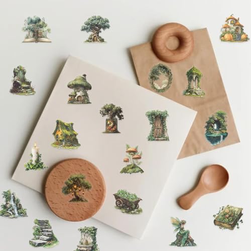 50 Pcs Enchanted Forest Stickers Waterproof for Scrapbooking | Transparent vinyl decals with magical woodland creature designs. Perfect for laptops, journals, water bottles, DIY crafts - style: Enchanted Forest