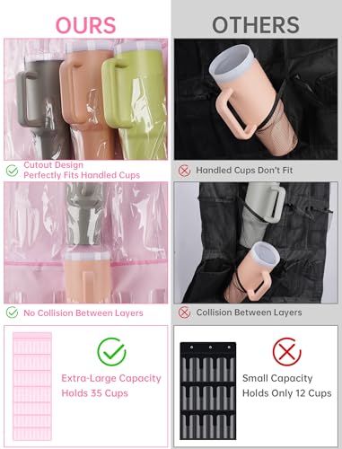 NiHome 35-Pocket Door Hanging Cup Organizer Fit for Stanley Tumbler 30 40oz | Large Capacity Over the Door Water Bottle Storage with Nano Tape, Waterproof Oxford Fabric, U-Shaped Handle Slots (Pink) - color: Pink (Upgraded), size: 75.2'' x 24.4"