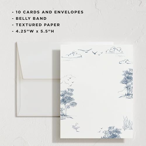 Minted Lake Side Toile Stationery Set, Set of 10 Flat Note Cards & Envelopes for Invitiations and Handwritten Thank You Messages, Toile Design, Lake & Forest Scene, Gifts for Women, Luxurious Paper - color: Lake Side Toile