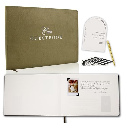 Velvet Photo Guest Book Set (Olive) - Photo Corner Stickers, Gold Pen, Sign