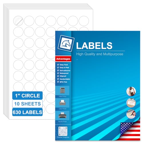 1 Inch Round Labels for Laser & Inkjet Printers, Printable Circle Stickers for Thank You Tags, Gift Seals, Small Product & Jar Labels, 630 White Adhesive Labels (10 Sheets) with Free Template - size: 1 IN-10 Sheets(HB-C063)