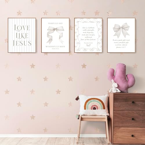 LARTSFRO Coquette Beige Bow Jesus Wall Art Decor Posters, Beige Bow Christian Room Bedroom Bathroom Wall Art Decor Aesthetic for Teen Girls Gifts, Inspirational Bible Verses Bow Wall Decor, 10x8 Inch Set of 4 Bow Pictures (UNFRAMED) - color: beige bow, si