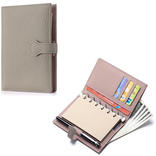 Leather Journal Cover for A7 Planner, Small Notebook Cover with Back Pocket, Pen Loop, Card Slots and 6-Ring Refill Papers (4.84 x 3.23''), Passport Wallet for Travel - color: Gray/Pink