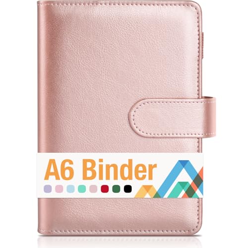 Sooez A6 Notebook Binder, 6 Ring Planner PU Leather Personal Organizer With Magnetic Buckle Closure, Loose Leaf Portfolio Cover, 7.48"x5.2" - color: Rose Gold, size: A6