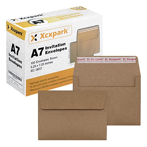Xxcxpark 100 Qty Printable A7 Invitation Envelopes 5.25X7.25 inches Cards, Self Seal 120GSM Brown Kraft Paper Envelopes for Invitations, Papers, Photos, Documents, Wedding, Baby Shower, Easy to Seal - color: Brown, size: 100 Qty A7 Envelopes (5.25" x 7.25