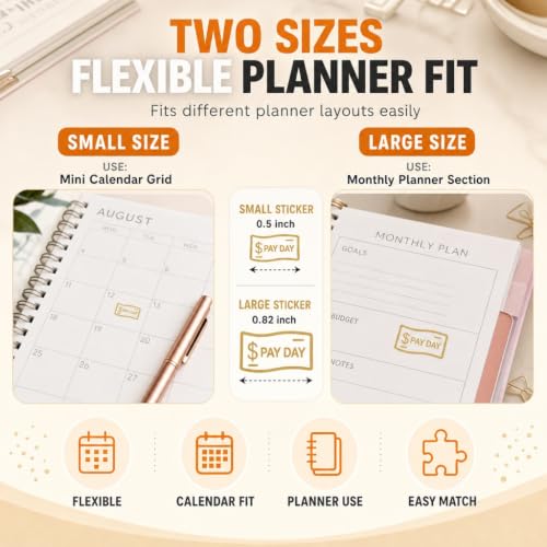 135Pcs Gold Pay Day Stickers for Planners, Foil Mini Planner Stickers 2 Sizes Decorative Payday Icon Stickers for Budget Planning Journal Finance Tracker Calendar Use Budget Organizer Accessories