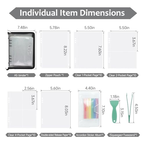 8-in-1 Sticker Organizer Binder, High‑Capacity A5 Reusable Sticker Book Collecting Binder with Storage Pages, Release Paper, Zipper Pouch, Mini Accordion Sticker Storage Album, Tweezers and Squeegee - color: Black