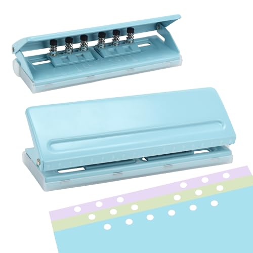 Adjustable 6-Hole Punch - Metal Hole Puncher for A4/A5/A6, Personal & Pocket Planners - 6-Ring Binder Puncher 6-Sheet Capacity, Non-Slip Base, with Ruler & Hole Guide (Blue) - color: Blue