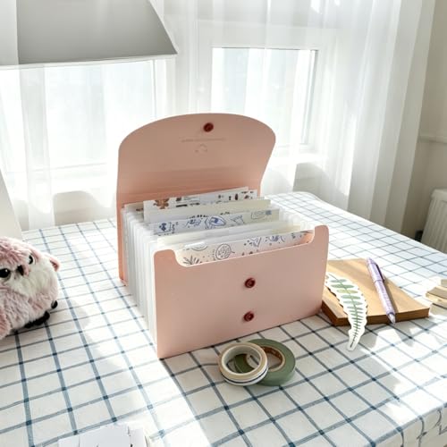 Ticker Storage Organizer with 13 Expandable Pockets, Multi-Layer Desktop Sticker Binder for Scrapbook Essentials and Coupon/Tickets Organizer, Large Capacity for Thick Sticker Album (Pink) - color: Pink