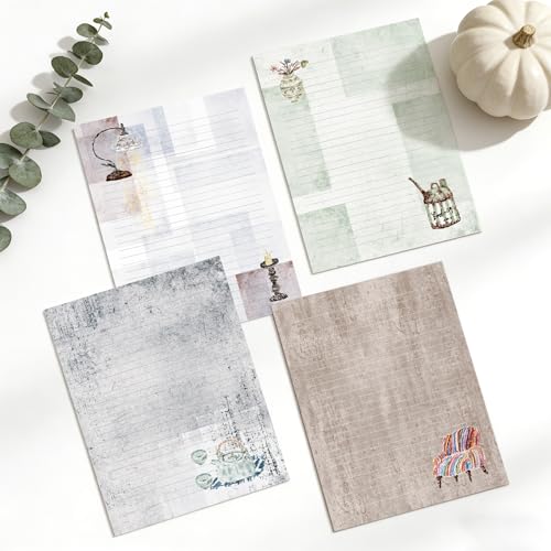 60 Writing Stationery Paper, Lined Stationery Paper for Writing Letter, Double Sided Vintage Letter Paper with Lines,100 GSM, 8.5x11 Inch, 4 Unique Design (Vintage) - style: Vintage
