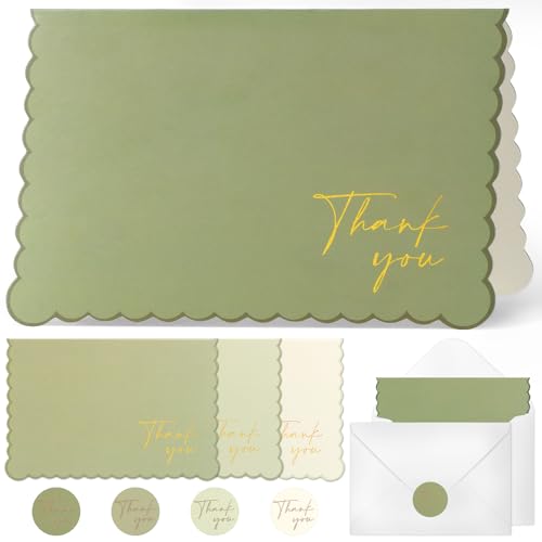 32 Pcs Thank You Cards Set with Envelopes & Stickers,4×6 Inches Blank Cards for Personalized Notes,4 Color Designs,Scalloped Thank you Cards for Graduation,Teachers,Weddings, Baby Showers,Business - Green - color: Green