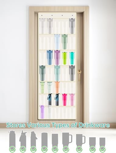 NiHome 35-Pocket Door Hanging Cup Organizer Fit for Stanley Tumbler 30 40oz | Large Capacity Over the Door Water Bottle Storage with Nano Tape, Waterproof Oxford Fabric, U-Shaped Handle Slots (Beige) - color: Beige (Upgraded), size: 75.2'' x 24.4"