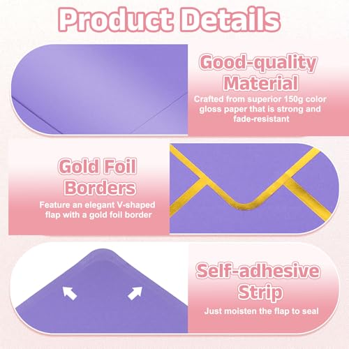 PATIKIL 50 Pcs A7 Envelopes, 5 x 7" Gold Border Invitation Envelopes Mailing Party Envelope for Wedding Invitation Cards Greeting Graduation Birthday Office, Purple - color: Purple