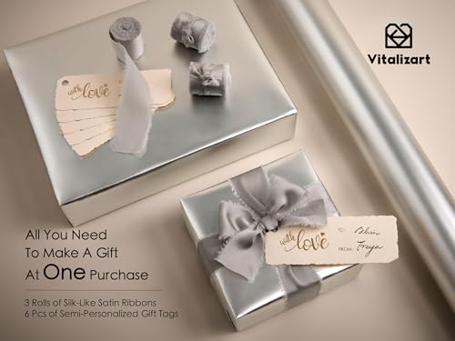 Vitalizart Matte Metallic Silver Wrapping Paper Set 30" Ribbons & Gift Tags | All-In-One Recyclable Luxury Elegant Gift Paper Roll Christmas Holiday Bridal Baby Shower Wedding Girls Boys Birthday 197" - color: Silver Paper & Silver Ribbons, size: 30 Inch