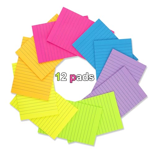 (12 Pack) Lined Sticky Notes 4x6 in,Bright Large Notepads with Lines