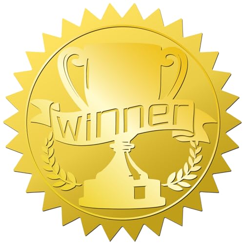 CRASPIRE Winner Trophy 408Pcs Gold Foil Embossed Stickers 2" Self Adhesive Envelopes Seals Sticker Round Labels for Wedding Invitation Graduation Corporate Certificates Diplomas Gift Wrapping Decor - style: Winner Trophy