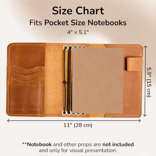TORAKIP Small Leather Notebook Cover Pocket Size 4" x 5.1" – Refillable Traveler Notebook with 5 Elastic Bands & Card Pockets – Full Grain Leather Journal Cover (Paper Not Included), Caramel Brown - size: Pocket Size
