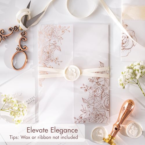 50 Pack Pre-Folded Vellum Jackets for 5x7 Invitations,AZAZA Gorgeous Translucent Invitation Sleeves,115GSM Vellum Jackets 5x7, Wedding Invitation Accessories, for Weddings Birthdays,Rose Golden Roses - color: Real Rose Gold Foil Stamping Roses