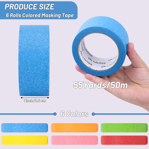 Oleitodh 6 Rolls Colored Masking Tape-1 inch x 330 Yards Painters Tape, Rainbow Colors Rolls Bulk Kids Colorful Paper Marking Tape Decorative Arts Crafts Labeling DIY School Classroom Supplies - color: 6-color, size: 1in x 55yd-6 rolls