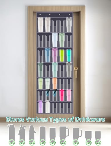 NiHome 35-Pocket Door Hanging Cup Organizer Fit for Stanley Tumbler 30 40oz | Large Capacity Over the Door Water Bottle Storage with Nano Tape, Waterproof Oxford Fabric, U-Shaped Handle Slots (Dark Gray) - color: Dark Gray (Upgraded), size: 75.2'' x 24.4"