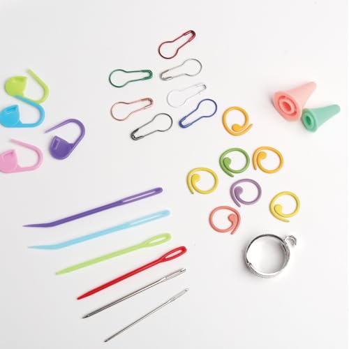 OVVINNA Crochet Stitch Markers Set with Storage Box, 3 Types Colorful Stitch Markers, Yarn Guide Ring, Needle Caps, Plastic and Metal Yarn Needles for Knitting, Crochet and Yarn Crafts