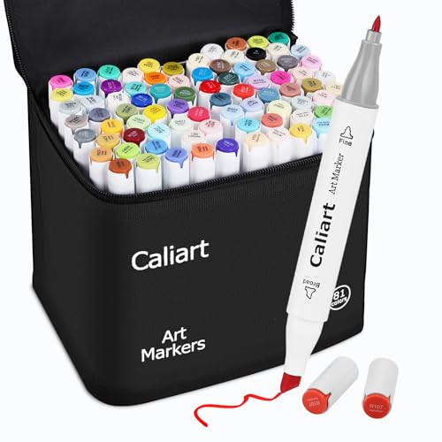 Caliart 81 Colors Alcohol Markers for Adult Coloring Books, Fine & Chisel - style: Fine & Chisel Tip