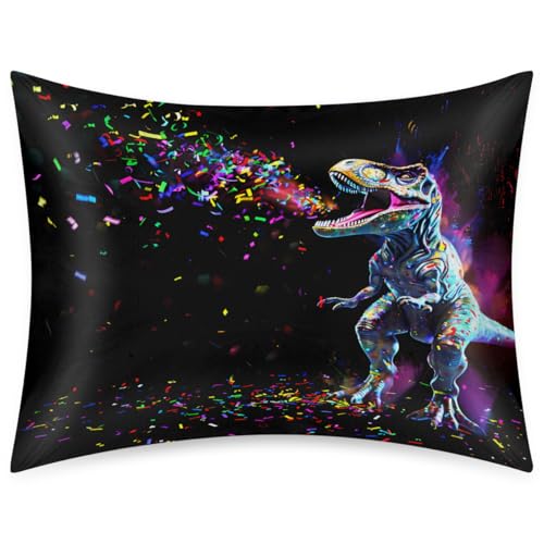 Satin Pillowcase for Hair and Skin, Standard Size Glowing Dinosaur Rex Rainbow Galaxy Decorative Pillow Sham with Envelope Closure Pillow Cover for Bedroom Hotel - color: Dinosaur, size: 20x26in