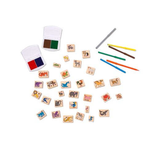 Melissa & Doug Deluxe Wooden Stamp Set: Animals - 30 Stamps, 6 Markers, 2 Stamp Pads Kids Art Projects, Wooden Stamps with Washable Ink, for Kids Ages 4+ - style: Deluxe Wooden Stamp Set - Animals