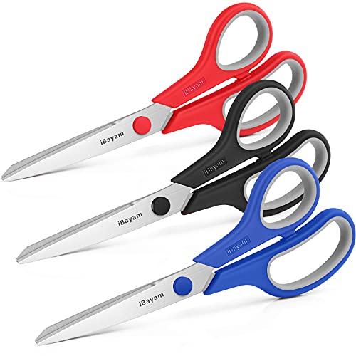 iBayam 8.5" Household Scissors All Purpose 3 Pack, Red Black Blue Scissors | Ultra Sharp 2.5mm Thick Blade Shears Comfort-Grip for Office Desk Sewing Fabric Home Craft School Supplies, Right/Left Handed - color: Red, Black, Blue, size: 3-Pack