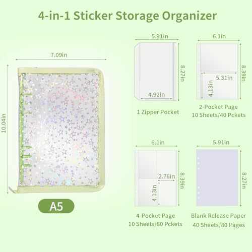 4 In 1 Sticker Storage Organizer, A5 Sticker Binder with Storage Pocket & Release Paper, Glitter Reusable Stickers Book Collecting, Blank Stickers Album Holder for Adult Container Display(Green) - color: Green