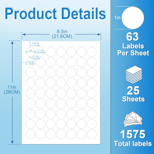 1 Inch Round Labels for Laser & Inkjet Printers, Printable Blank Circle Stickers for Thank You, Packaging & Product Labels, 1575 White Adhesive Labels (25 Sheets) with Free Template - size: 1 IN-25 Sheets(HB-C063)