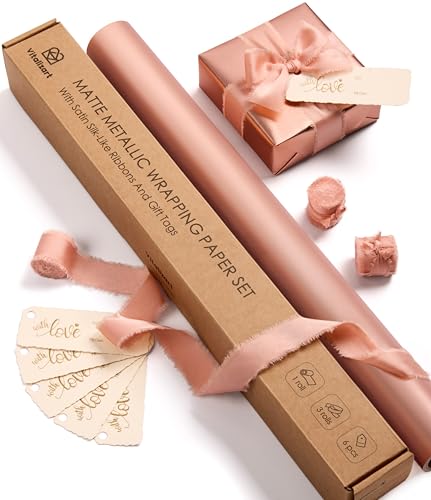 Vitalizart Matte Metallic Pink Wrapping Paper Set 17" Ribbons & Gift Tags | All-In-One Recyclable Luxury Elegant Gift Paper Roll Christmas Holiday Bridal Baby Shower Wedding Girls Boys Birthday 197" - color: Pink Paper & Pink Ribbons, size: 17 Inch