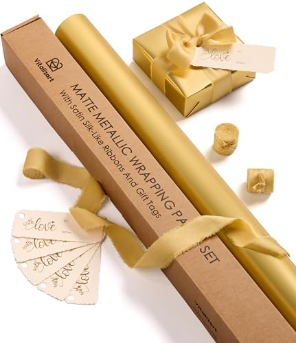 Vitalizart Matte Metallic Gold Wrapping Paper Set 30" Ribbons & Gift Tags | All-In-One Recyclable Luxury Elegant Gift Paper Roll Christmas Holiday Bridal Baby Shower Wedding Girls Boys Birthday 197" - color: Gold Paper & Gold Ribbons, size: 30 Inch