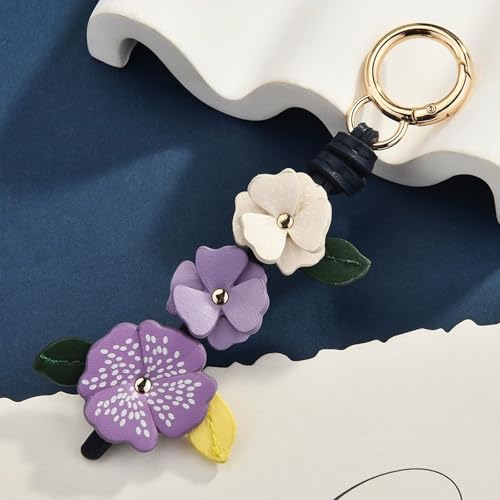 Angyape Flower Bag Charms for Women Purse Charms for Handbags Leather Flower Keychain Retro Aesthetic Keychain Accessories - color: E：purple