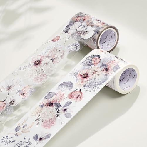 WT Frostbloom Wide PET Tape, Single Roll, Original Winter Floral Designs, Clear Transparent Adhesive Tape – Not Pre-Cut, for Junk Journals, Scrapbooks, Bujo, Planners, DIY Crafts, Art Stationery - color: Frostbloom Wide PET Tape