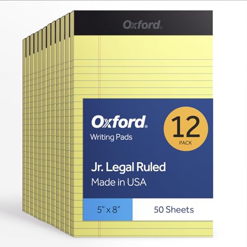 Oxford Premium Legal Pads, 12 Pack, Premium Note Pads, 50 Jr. Legal Ruled 5" x 8" Sheets, Canary Yellow Paper with Firm Back, Small Portable Notepads - size: 5 x 8