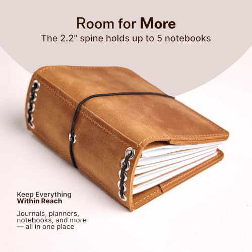TORAKIP Leather Journal Cover A6 – Handmade Refillable Notebook Cover Fits A6 Inserts 4.1" x 5.8", With 2.2" Spine, 5 Elastic Bands, Pen Holder & Card Pockets (Paper Not Included), Caramel Brown - size: A6