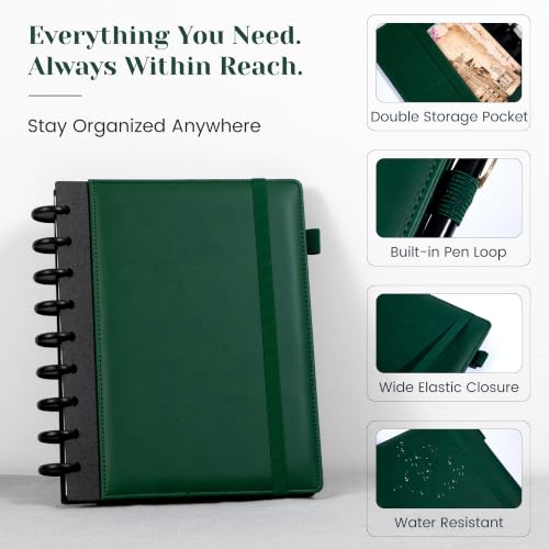 Hardcover Refillable Journal Notebook with Removable Divider Tabs, 300 Pages Leather 5 Subject Discbound Notebook College Ruled for Work School Note Taking,7.5x10" Lined Journal for Men & Women,Green - color: Green, size: Medium