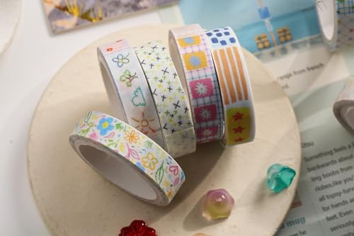Cute Pattern Washi Tape Set 5 Rolls Glitter Cover Decorative Wide Kawaii Masking Tapes for Arts, DIY Crafts, Journals, Planners, Scrapbook, Wrapping (7 Floral Garden) - color: 7 Floral Garden